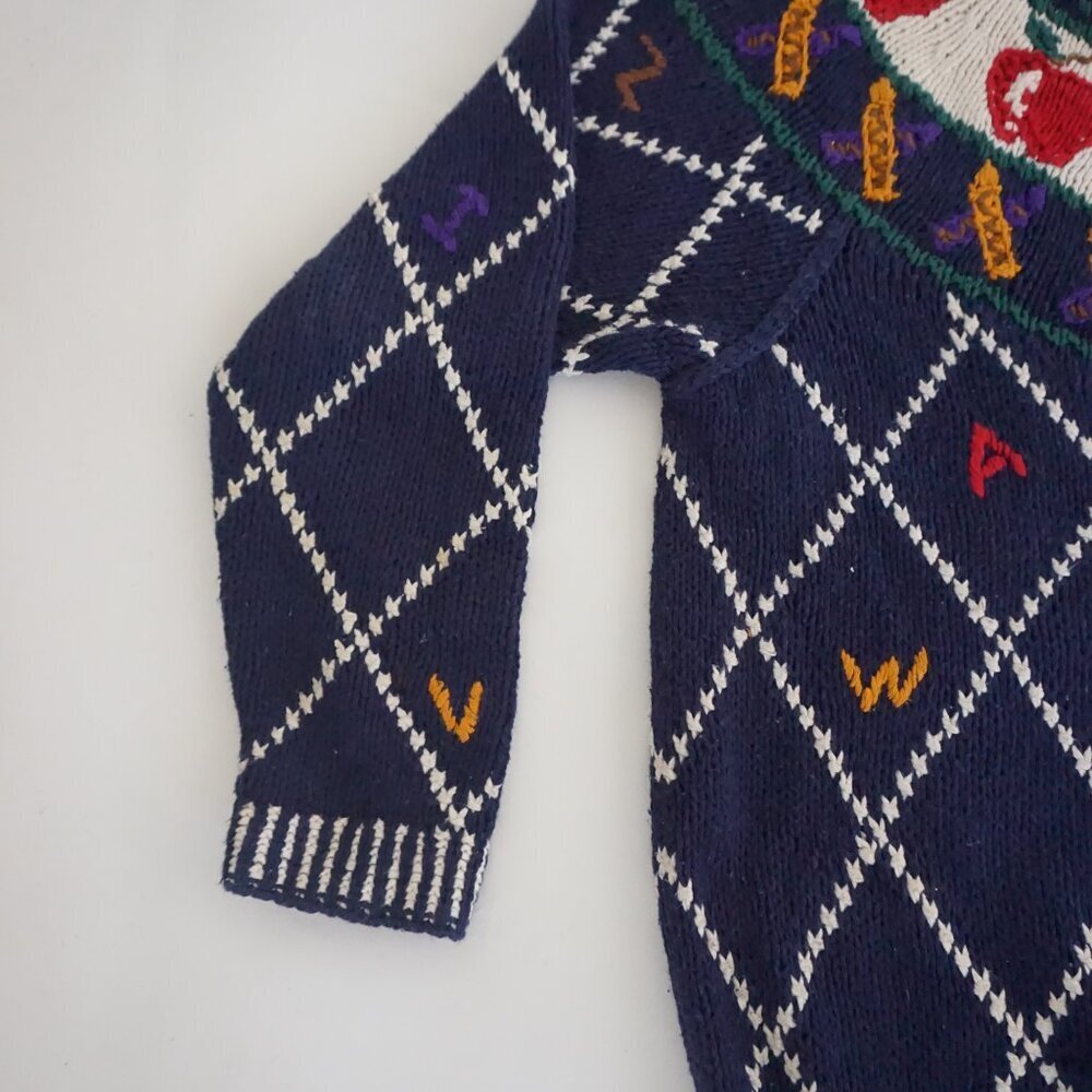 Vintage Cape Isle Knitters Navy Apple Numbers Cotton Hand Knit Blue Cardigan M - Picture 7 of 10